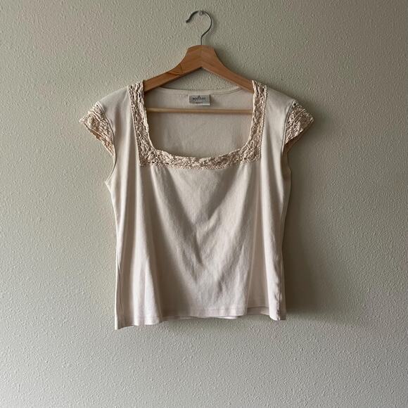 90s vintage cream cotton tshirt crochet details square neck | size M - Picture 4 of 6